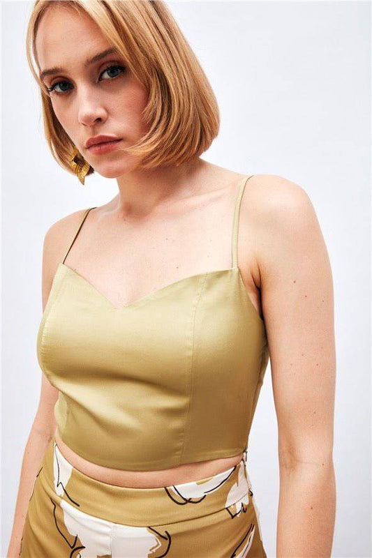 (Basic) Satin Crop Top  with String Straps - Olive - Velora Luxury Fashion