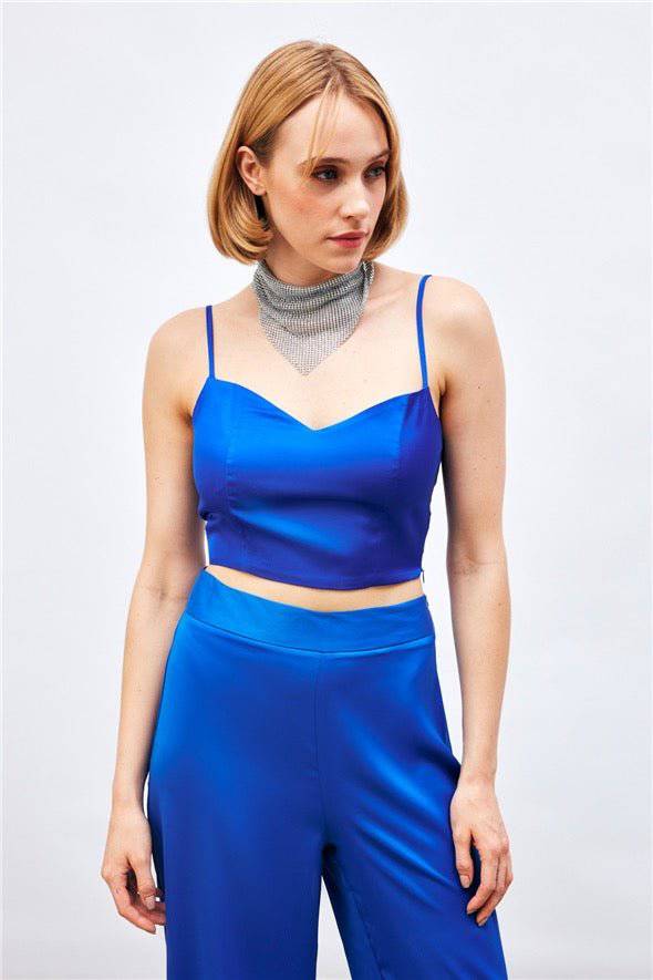 (Basic) Satin Crop Top  with String Straps - Royal Blue - Velora Luxury Fashion
