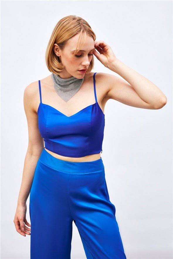 (Basic) Satin Crop Top  with String Straps - Royal Blue - Velora Luxury Fashion