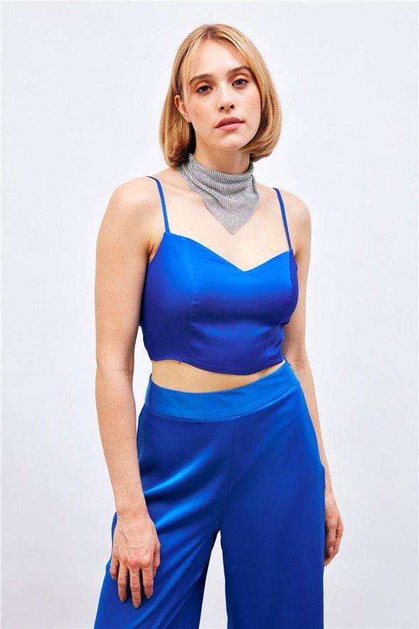 (Basic) Satin Crop Top  with String Straps - Royal Blue - Velora Luxury Fashion