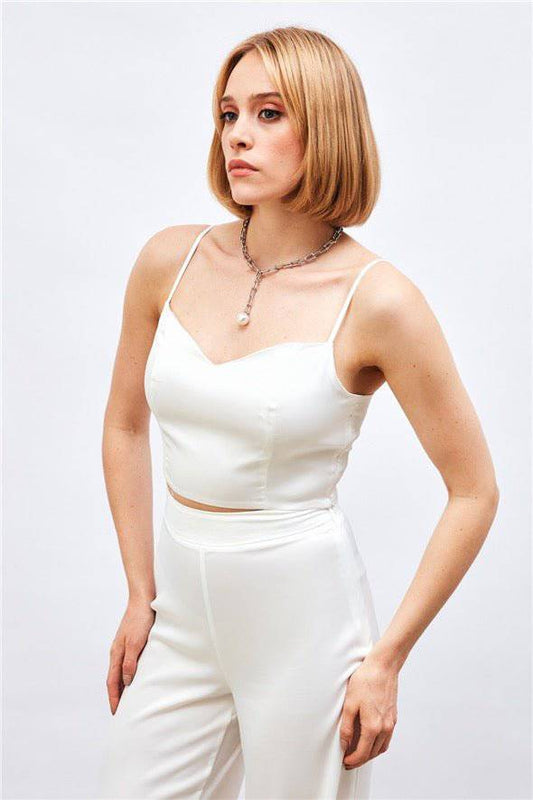 (Basic) Satin Crop Top  with String Straps - white - Velora Luxury Fashion