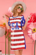 BiBi American Flag Theme Usa Print Sequin Dress - Velora Luxury Fashion