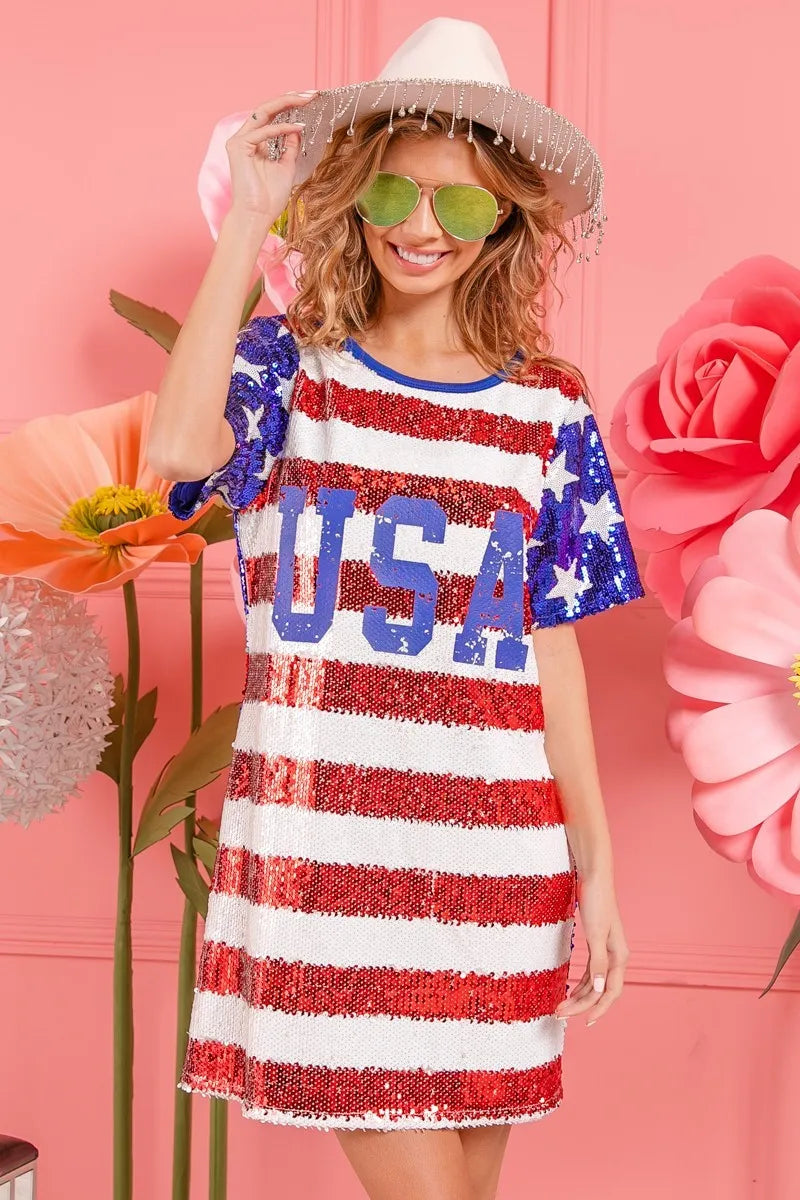 BiBi American Flag Theme Usa Print Sequin Dress - Velora Luxury Fashion