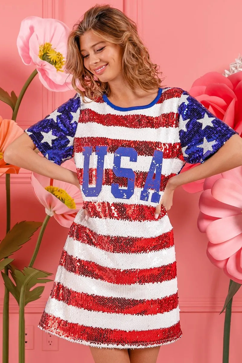 BiBi American Flag Theme Usa Print Sequin Dress - Velora Luxury Fashion