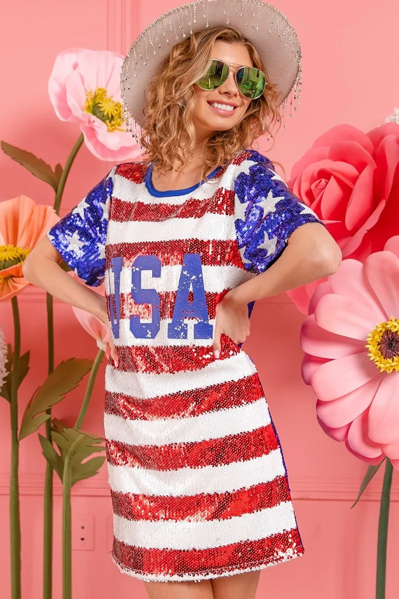 BiBi American Flag Theme Usa Print Sequin Dress - Velora Luxury Fashion