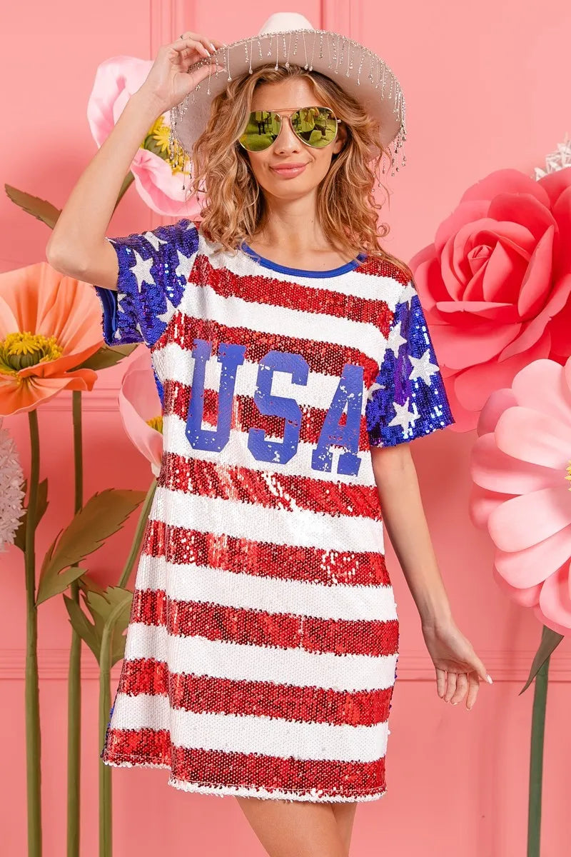 BiBi American Flag Theme Usa Print Sequin Dress - Velora Luxury Fashion