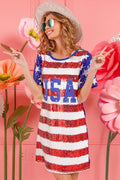 BiBi American Flag Theme Usa Print Sequin Dress - Velora Luxury Fashion