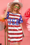 BiBi American Flag Theme Usa Print Sequin Dress - Velora Luxury Fashion
