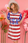 BiBi American Flag Theme Usa Print Sequin Dress - Velora Luxury Fashion