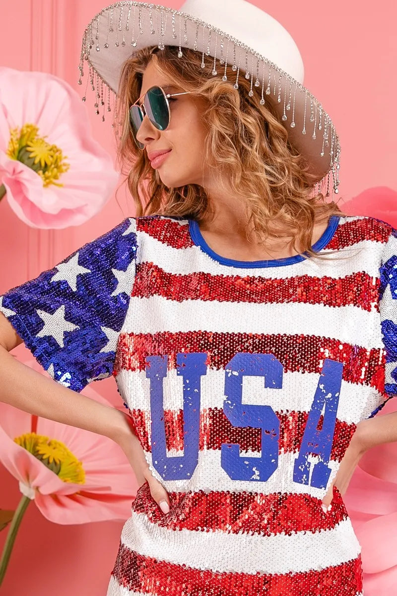 BiBi American Flag Theme Usa Print Sequin Dress - Velora Luxury Fashion