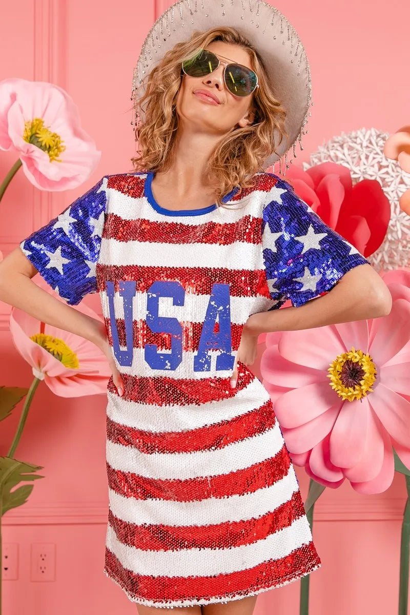 BiBi American Flag Theme Usa Print Sequin Dress - Velora Luxury Fashion