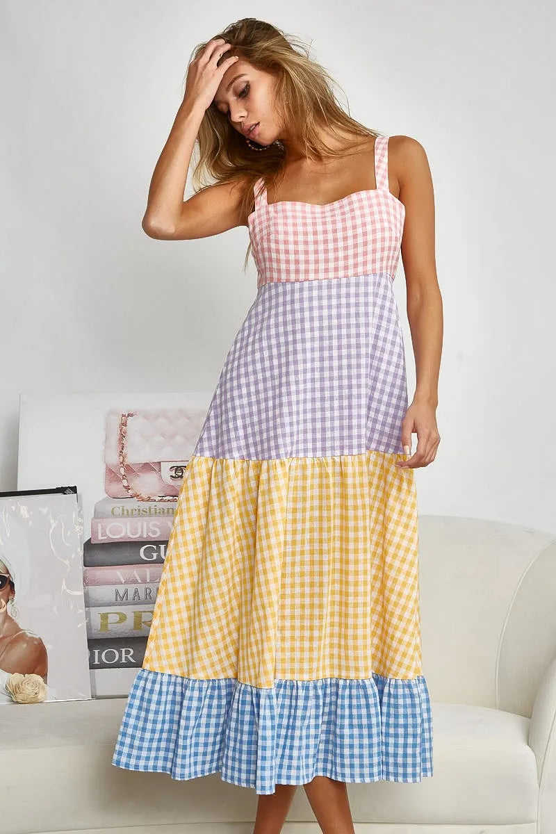 BiBi Color Block Tiered Gingham Dress - Velora Luxury Fashion