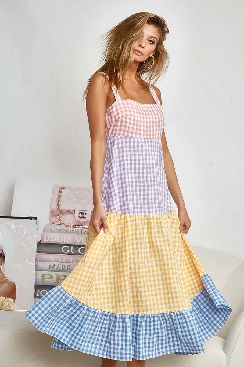 BiBi Color Block Tiered Gingham Dress - Velora Luxury Fashion
