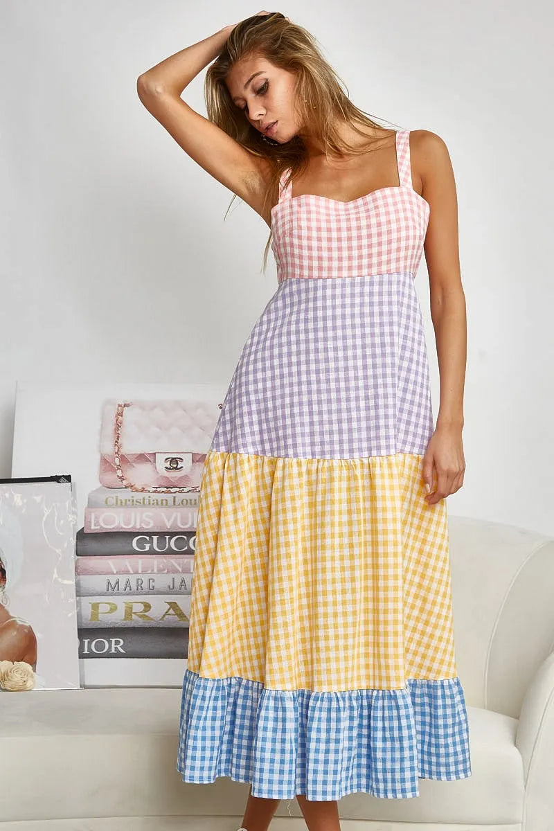 BiBi Color Block Tiered Gingham Dress - Velora Luxury Fashion