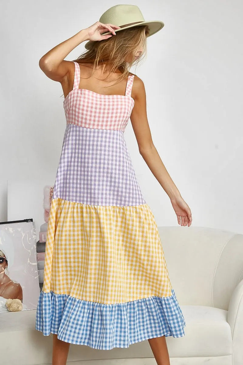 BiBi Color Block Tiered Gingham Dress - Velora Luxury Fashion