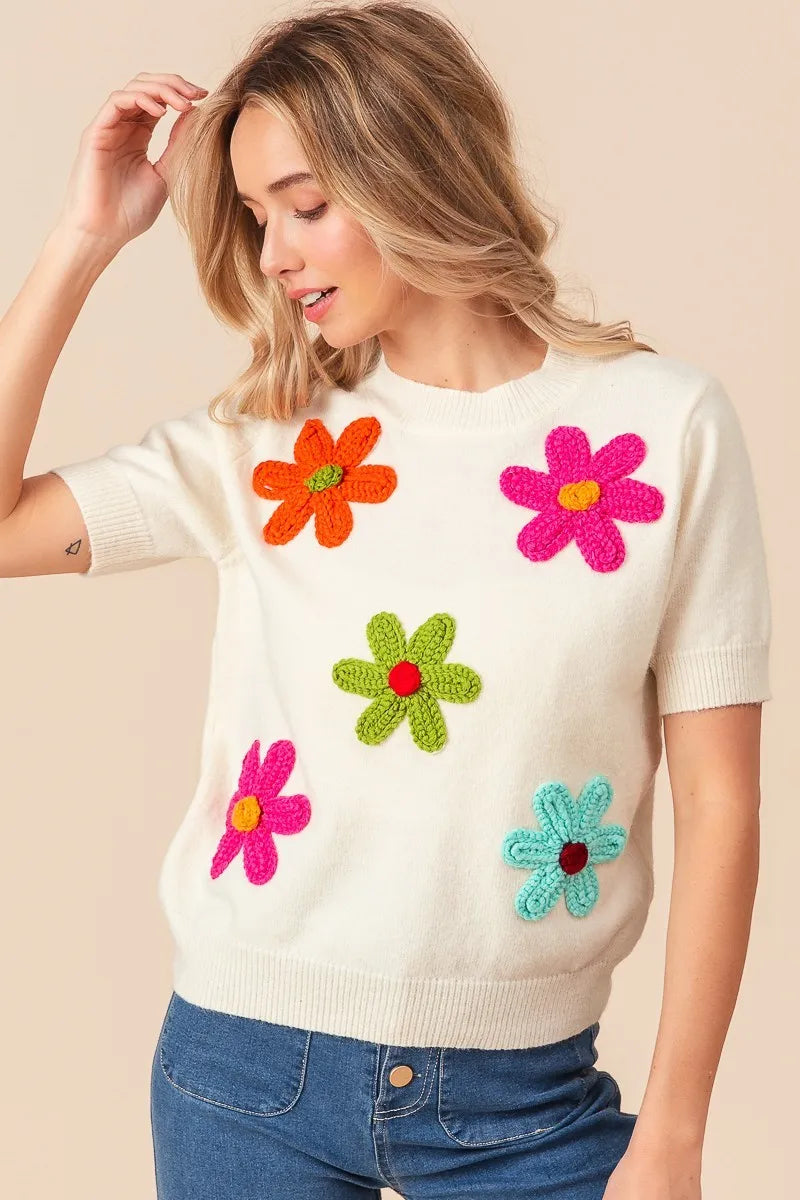 BiBi Crochet Flower Patch Sweater Top - Velora Luxury Fashion