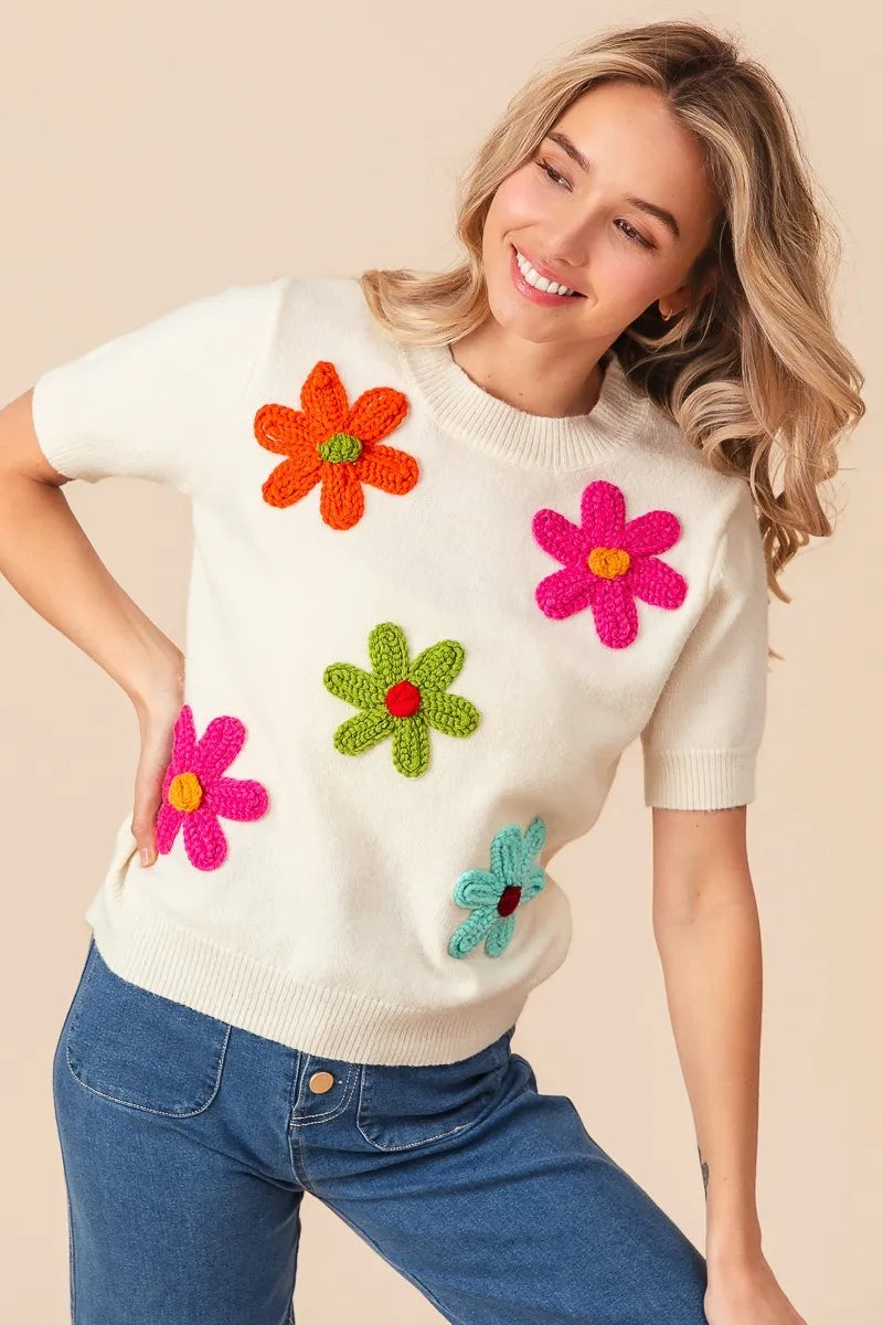 BiBi Crochet Flower Patch Sweater Top - Velora Luxury Fashion