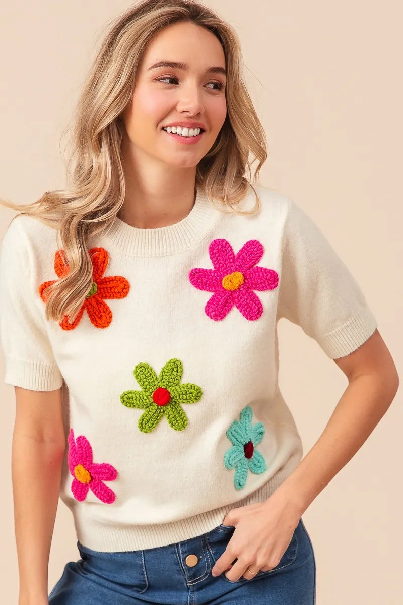 BiBi Crochet Flower Patch Sweater Top - Velora Luxury Fashion