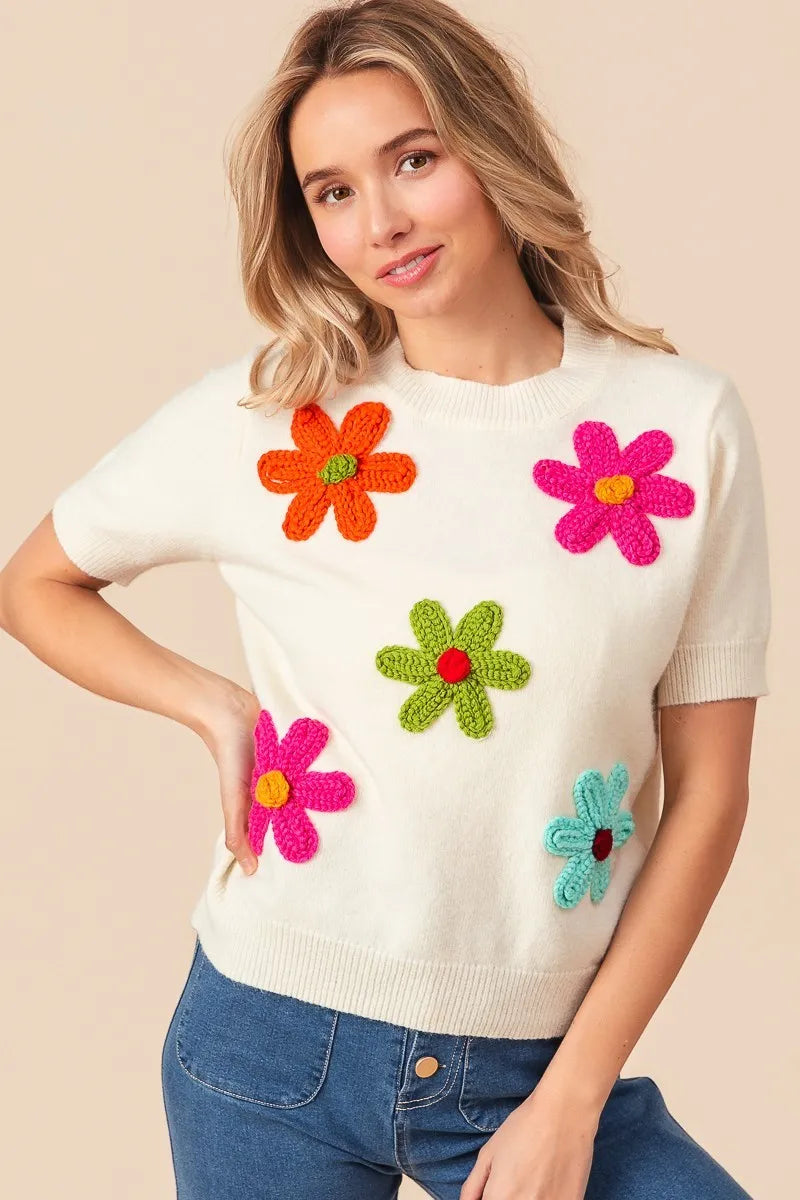 BiBi Crochet Flower Patch Sweater Top - Velora Luxury Fashion