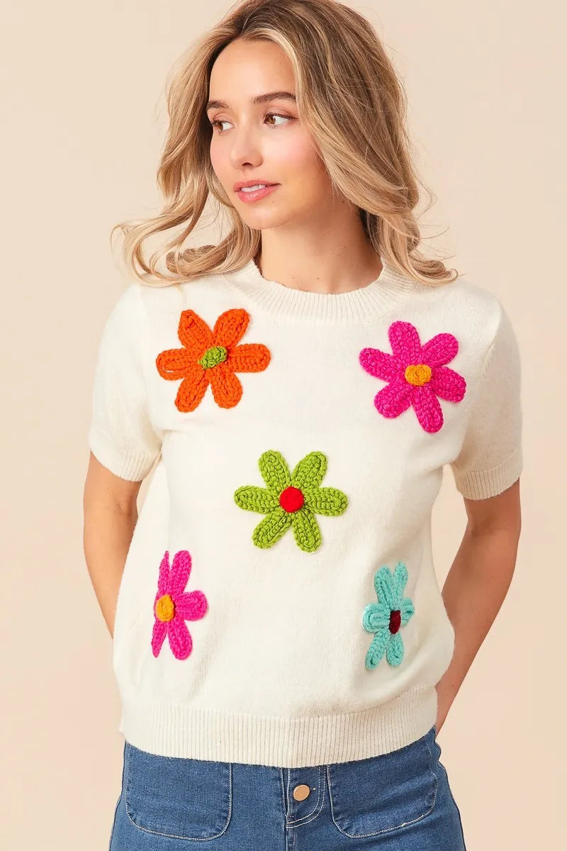 BiBi Crochet Flower Patch Sweater Top - Velora Luxury Fashion