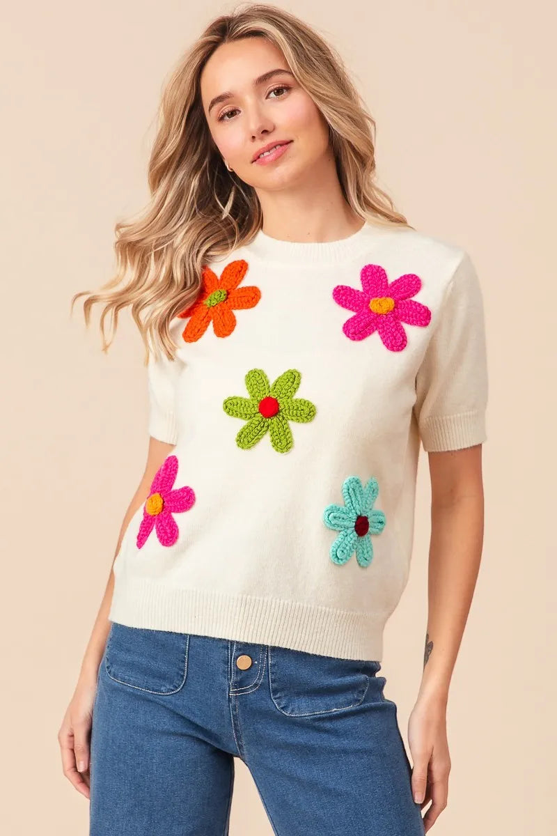BiBi Crochet Flower Patch Sweater Top - Velora Luxury Fashion