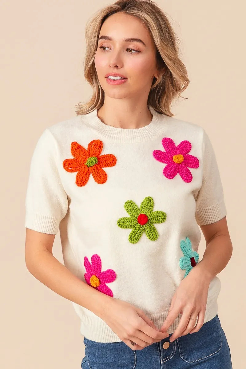 BiBi Crochet Flower Patch Sweater Top - Velora Luxury Fashion