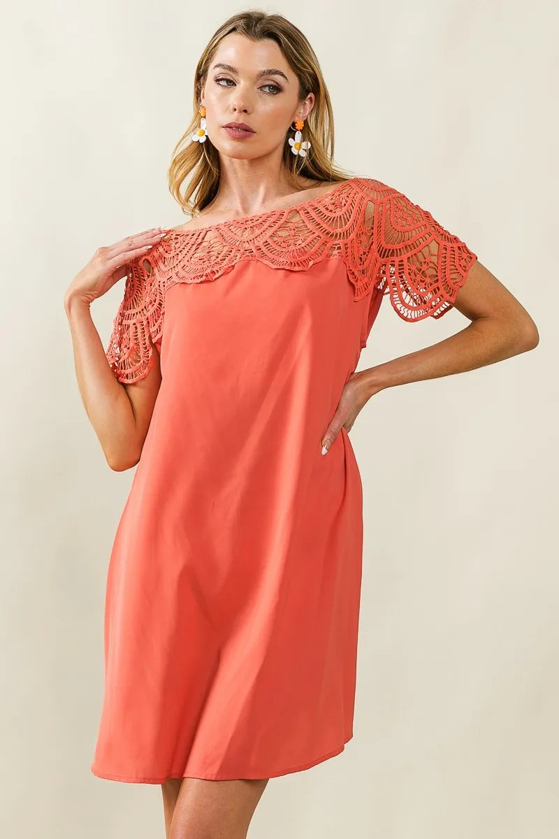 BiBi Crochet Lace Yoke Detailed Wrinkled Dress - Velora Luxury Fashion