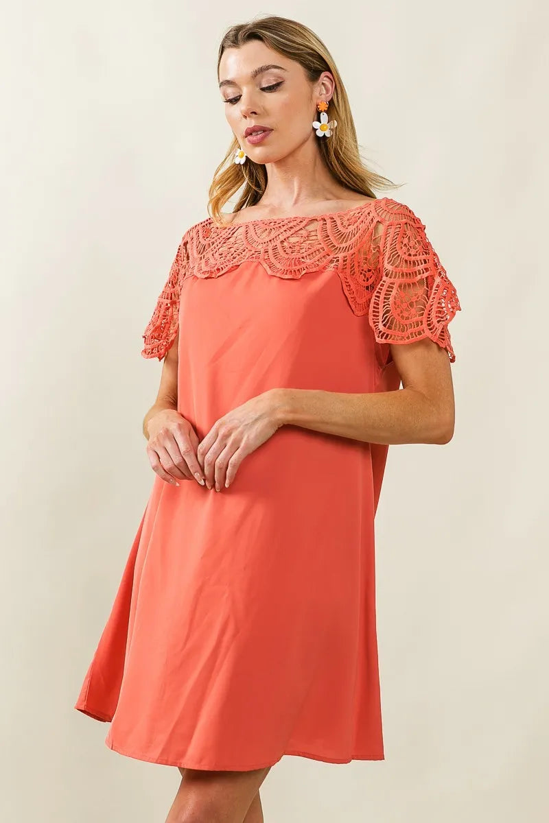 BiBi Crochet Lace Yoke Detailed Wrinkled Dress - Velora Luxury Fashion