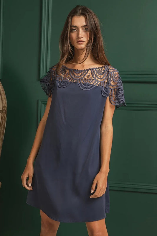 BiBi Crochet Lace Yoke Detailed Wrinkled Dress - Velora Luxury Fashion