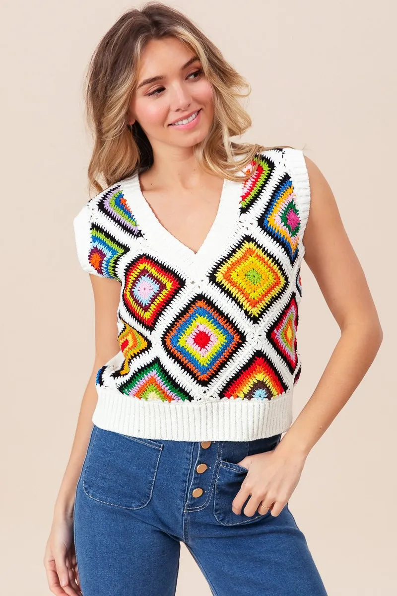 BiBi Diamond Granny Square Sweater Vest - Velora Luxury Fashion