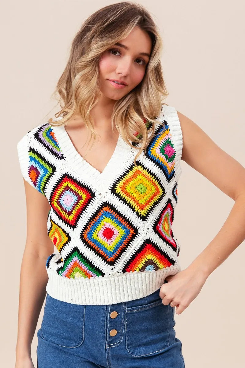 BiBi Diamond Granny Square Sweater Vest - Velora Luxury Fashion