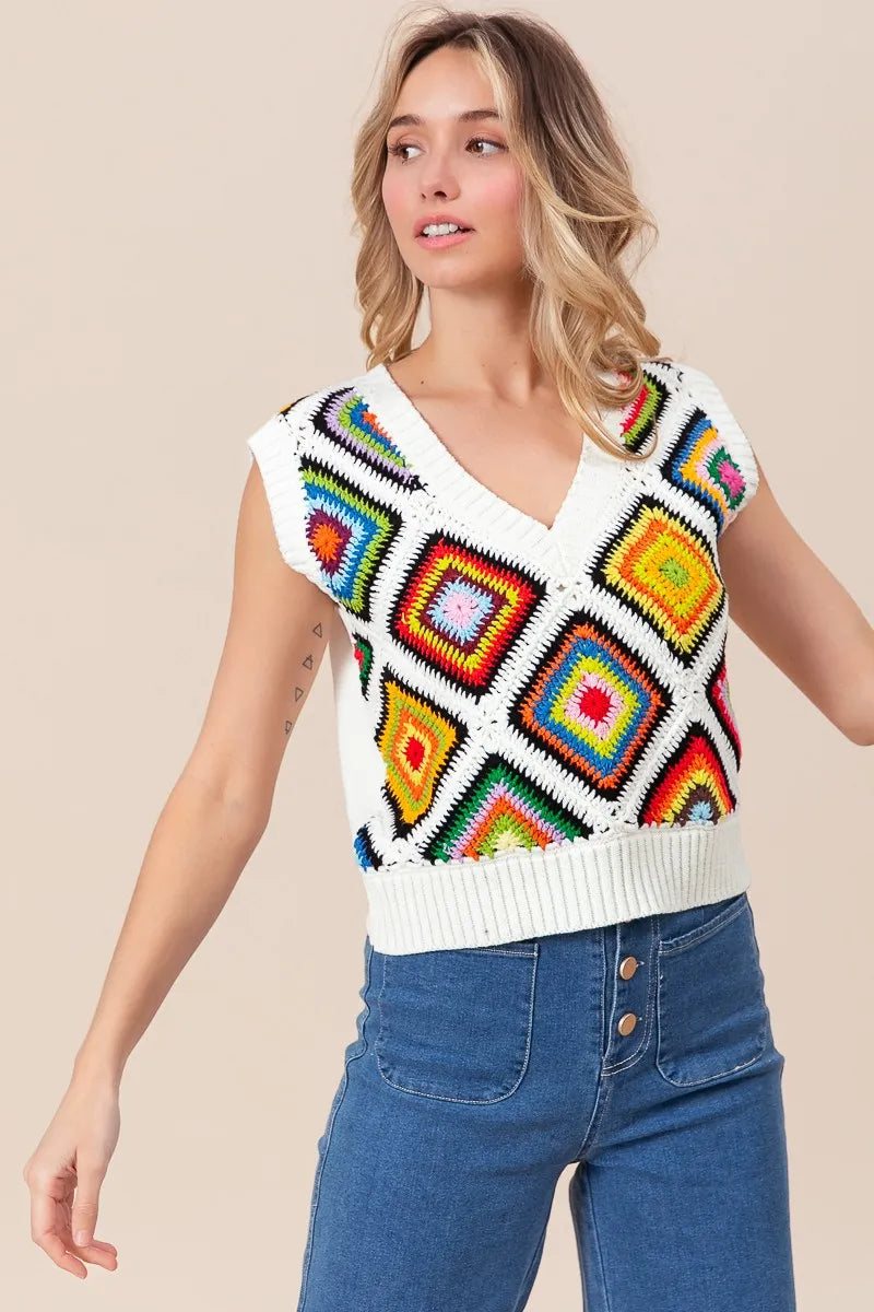 BiBi Diamond Granny Square Sweater Vest - Velora Luxury Fashion