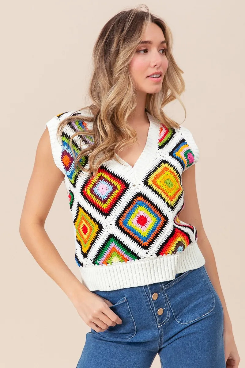 BiBi Diamond Granny Square Sweater Vest - Velora Luxury Fashion