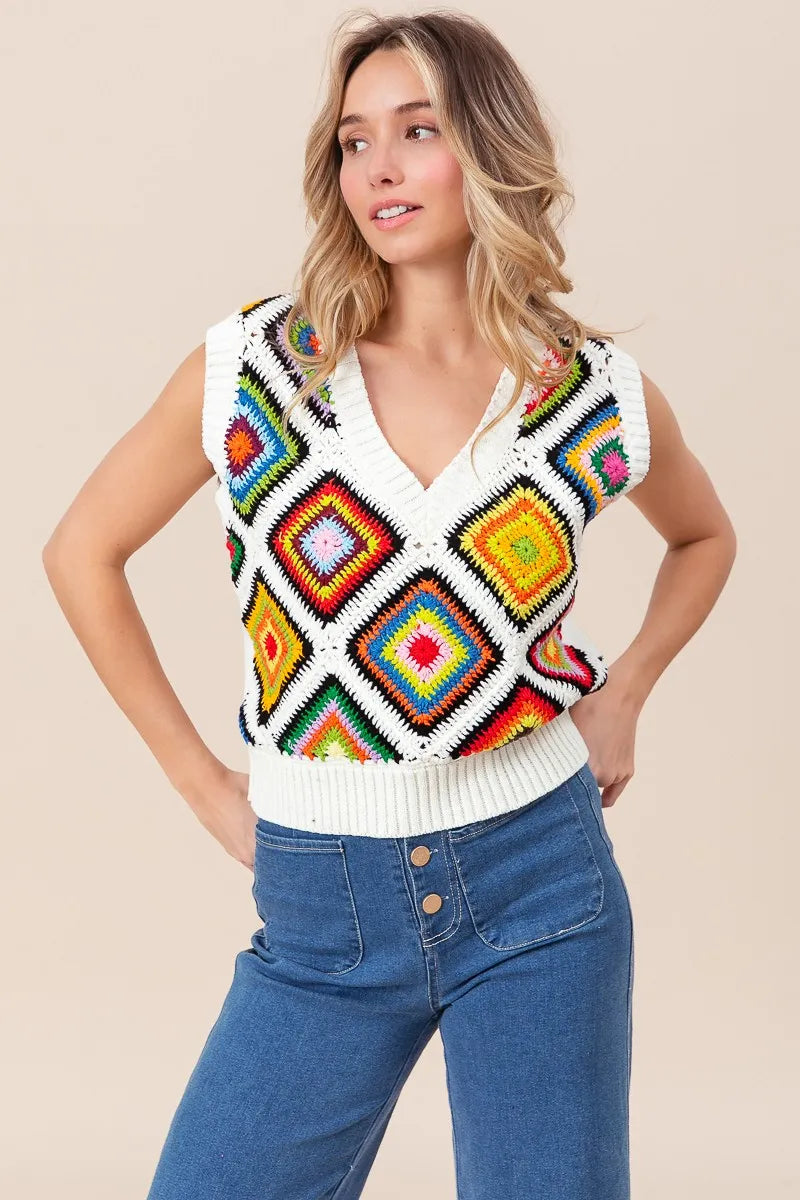 BiBi Diamond Granny Square Sweater Vest - Velora Luxury Fashion