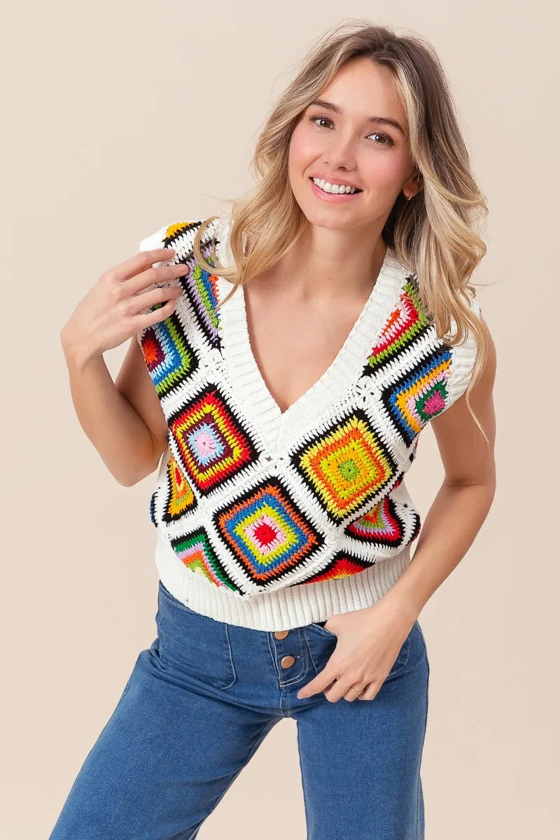 BiBi Diamond Granny Square Sweater Vest - Velora Luxury Fashion