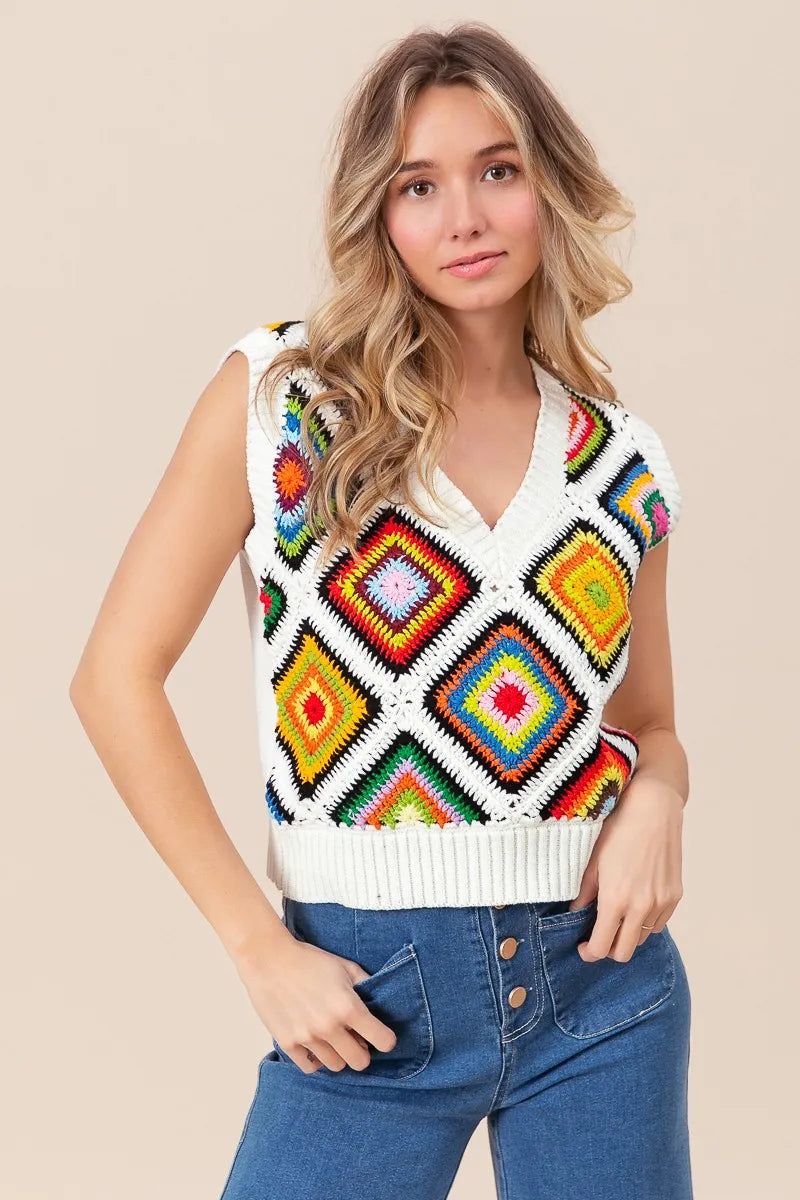 BiBi Diamond Granny Square Sweater Vest - Velora Luxury Fashion