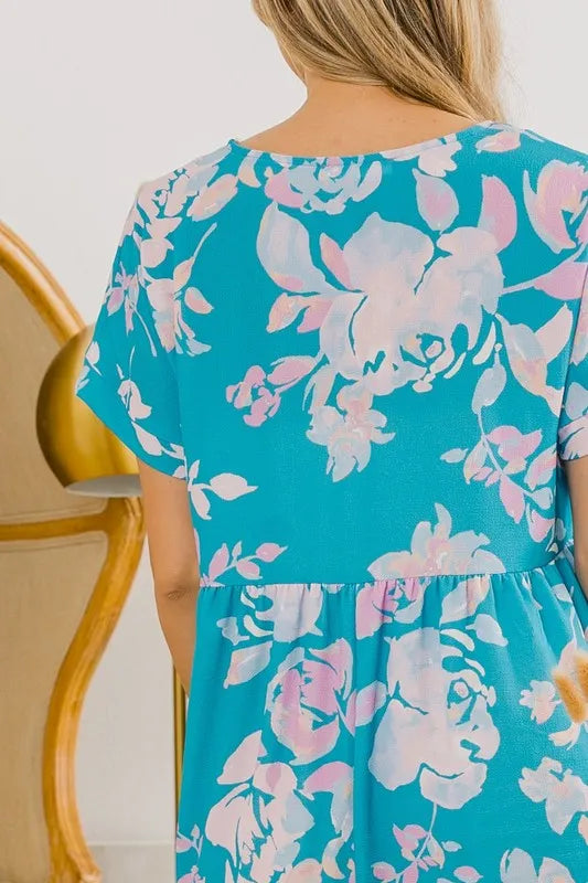 BiBi Floral Crinkle Shirred Ruffle Detail V Neck Dress - Velora Luxury Fashion