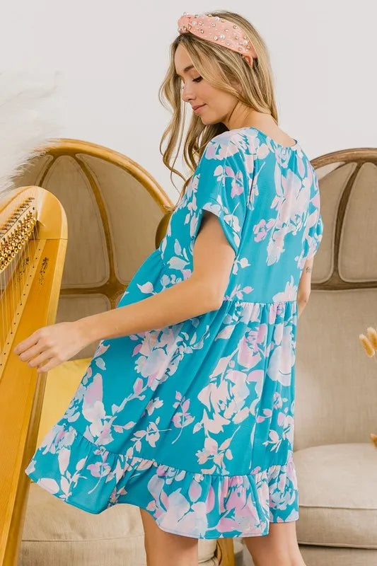 BiBi Floral Crinkle Shirred Ruffle Detail V Neck Dress - Velora Luxury Fashion