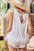 BiBi French Terry Faux Feather Bottom Back Tied Top - Velora Luxury Fashion