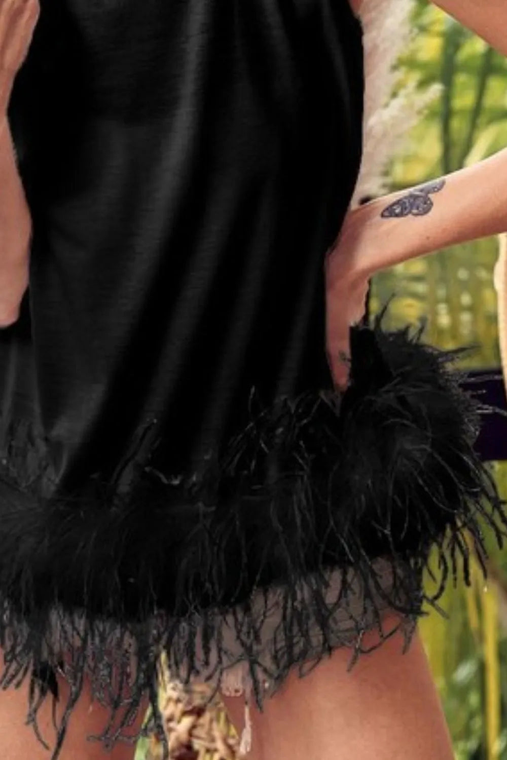 BiBi French Terry Faux Feather Bottom Back Tied Top - Velora Luxury Fashion