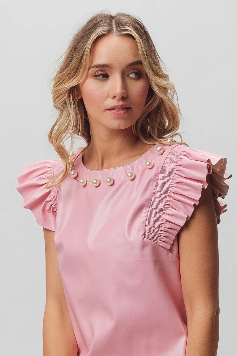 BiBi Leather Smocked Ruffled Top - Velora Luxury Fashion