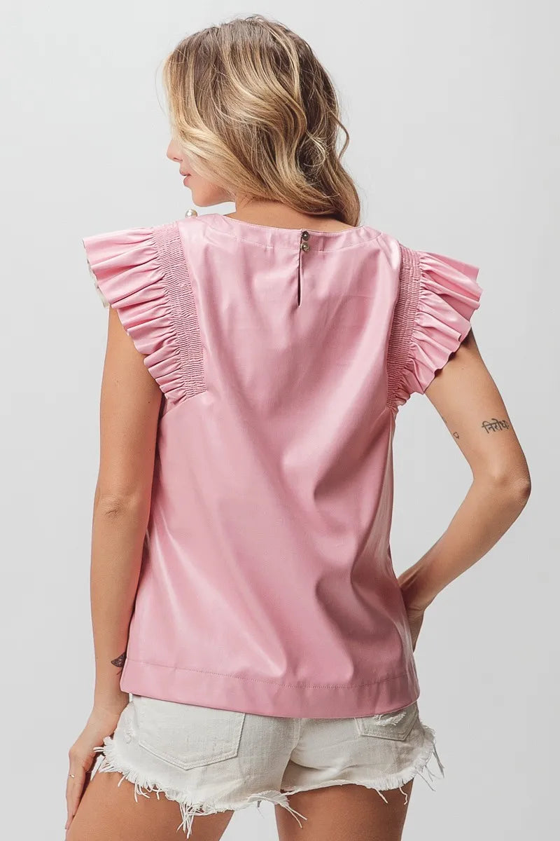 BiBi Leather Smocked Ruffled Top - Velora Luxury Fashion
