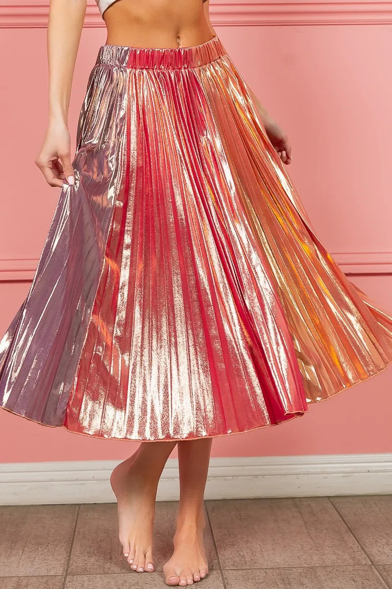 BiBi Metallic Color Block Pleats Midi Skirt - Velora Luxury Fashion