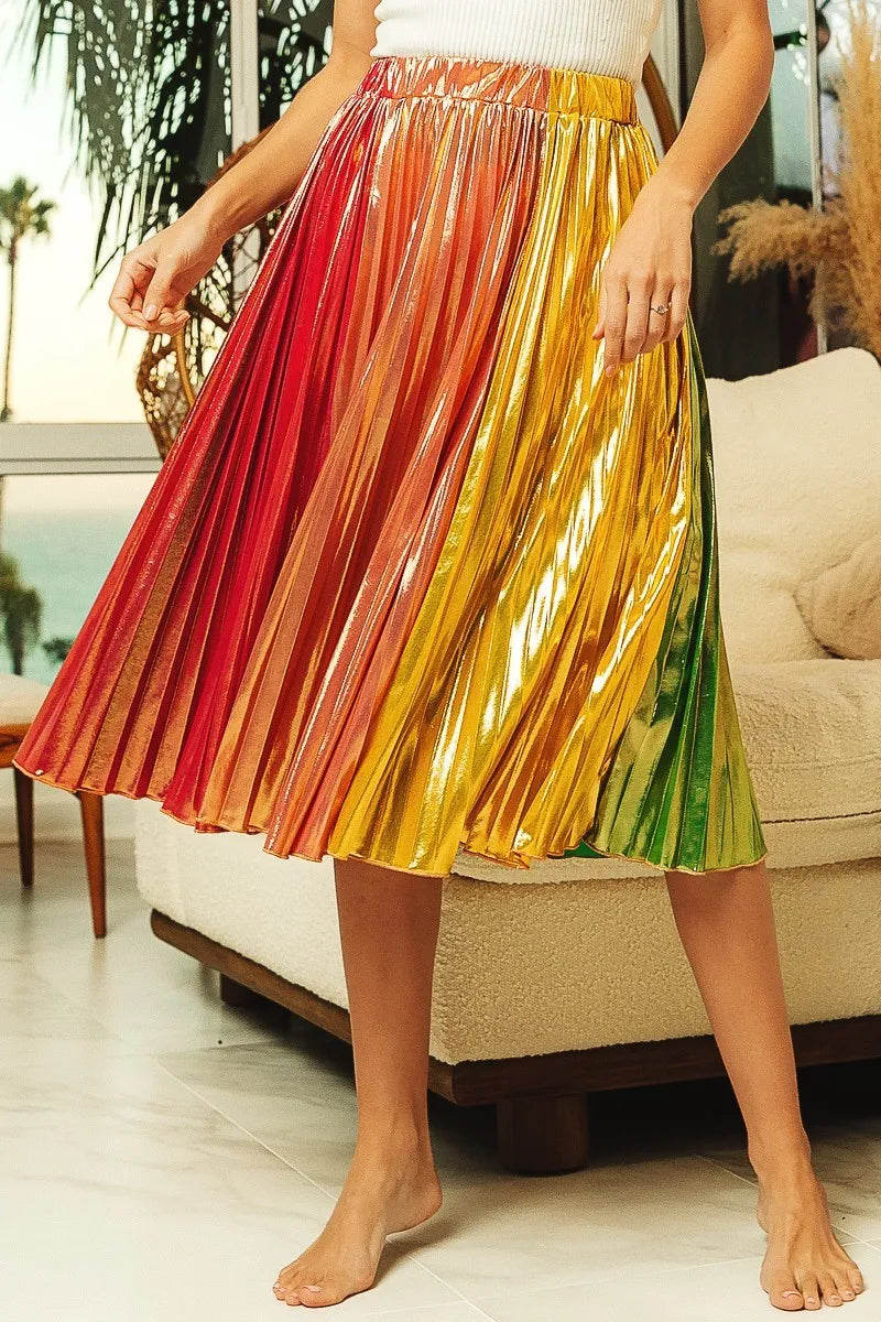 BiBi Metallic Color Block Pleats Midi Skirt - Velora Luxury Fashion