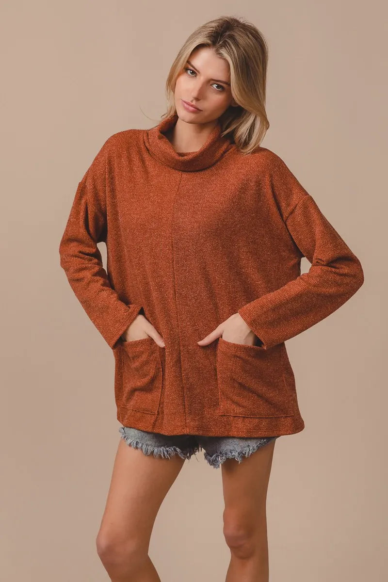 BiBi Piper Rib Double Pocket Turtle Neck Sweater - Velora Luxury Fashion