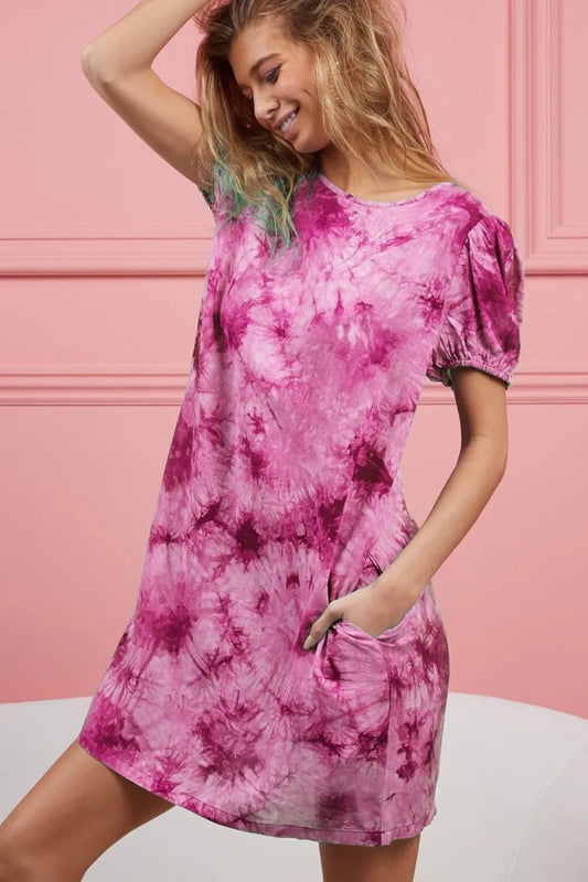 BiBi Puff Sleeve With Side Pockets Tie Dye Dress - Velora Luxury Fashion