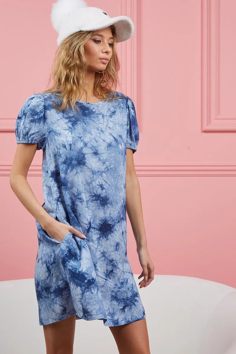BiBi Puff Sleeve With Side Pockets Tie Dye Dress - Velora Luxury Fashion