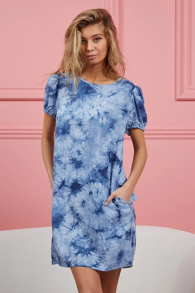 BiBi Puff Sleeve With Side Pockets Tie Dye Dress - Velora Luxury Fashion
