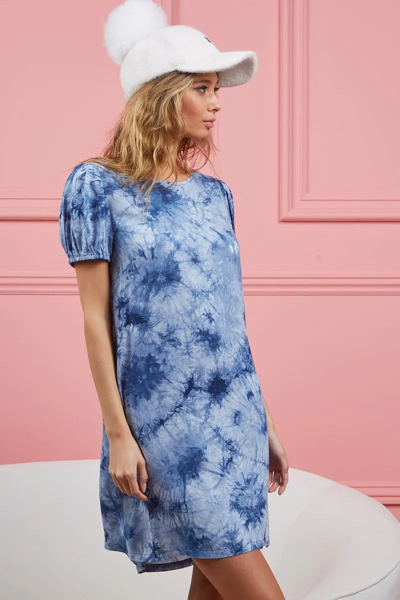 BiBi Puff Sleeve With Side Pockets Tie Dye Dress - Velora Luxury Fashion