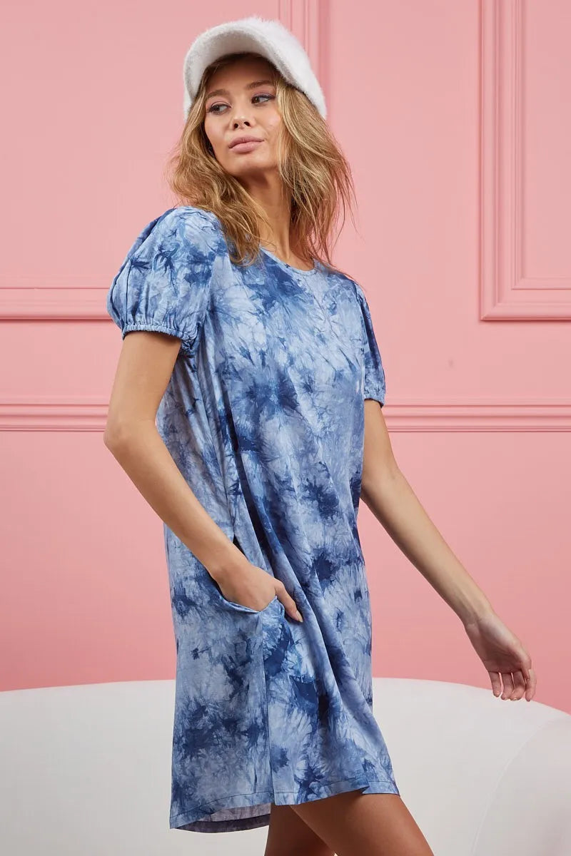 BiBi Puff Sleeve With Side Pockets Tie Dye Dress - Velora Luxury Fashion